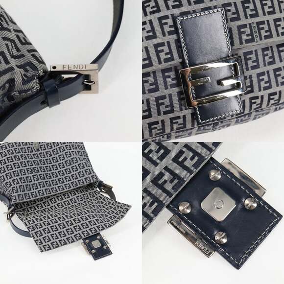 FENDI Zucchino Canvas Mamma Baguette Shoulder Bag Navy Silver - Picture 11 of 14